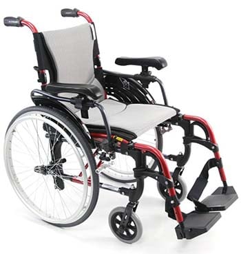 Karman S-305 Ergonomic Wheelchair with red frame facing right