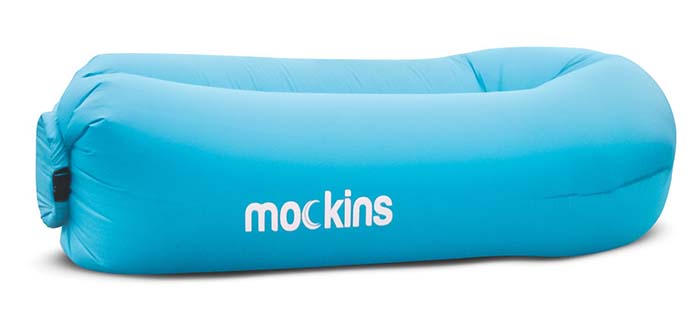 An image of a blue Mockins Inflatable Lounger. One of the types of inflatable chairs