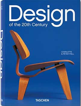 Cover page of the book, Design of the 20th Century by Charlotte and Peter Fiell, featuring a wooden chair on a blue background