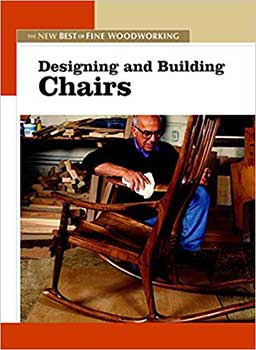 Cover Page of the book, Designing and Building Chairs, featuring an old man with glasses polishing a rocking chair 