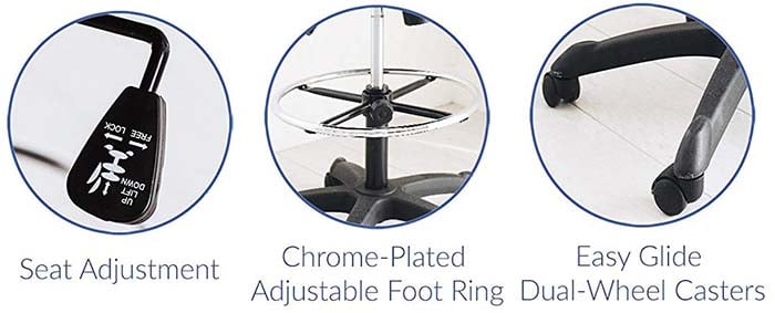 Close up shots of Modway Veer Drafting Chair Seat Adjustment, Chrome-Plated Adjustable Foot ring, and Easy Glide Dual-Wheel Casters