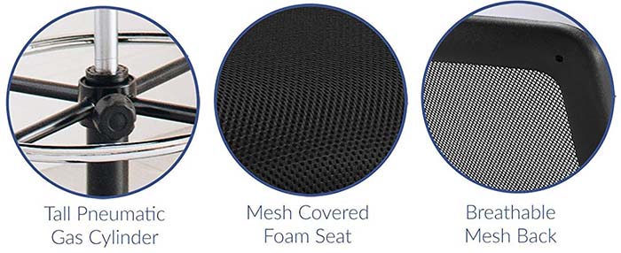 Close up images of Modway Veer Drafting Chair illustrating Tall Pneumatic Gas Cylinder, Mesh Covered Foam Seat, and Breathable Mesh Back