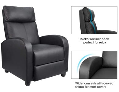 Chart showing the features of the Homall Single Recliner, thicker back rest and wider armrests