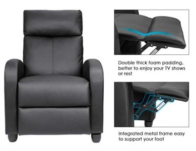 Chart showing the features of the Homall Recliner chair, double thick foam padding and integrated metal frame