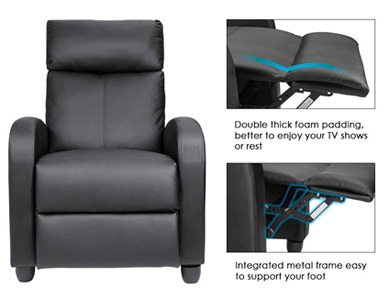 Chart showing the features of the Homall Recliner chair, double thick foam padding and integrated metal frame