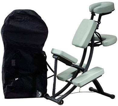 An image of the Oakworks carrying case on the left and the Portal Pro 3 Massage Chair in Pure White Terratouch Upholstery on the right