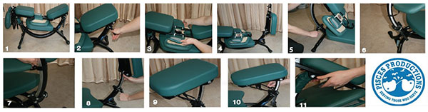 A set of images showing the steps how to set up the Pisces Dolphin II Portable Massage Chair 