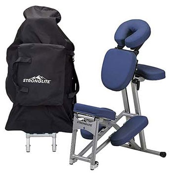 An image of a black Stronglite carrying case and royal blue Stronglite Ergo Pro II massage chair