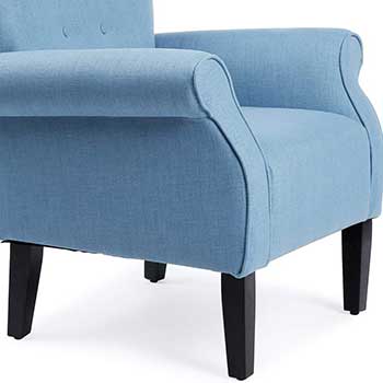 Cropped image of a Baby Blue Belleze Modern Linen Accent Chair focusing on the armrests and durable wood legs