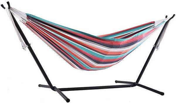 Colorful Vivere Hammock Chair with Green, Orange, Purple, and White Stripes