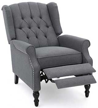 Charcoal GDF Studio Elizabeth Tufted Arm Chair reclined with leg rest popped up, facing right