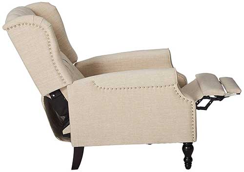 Right side of Light beige GDF Studio Elizabeth Tufted Arm Chair reclined with legrest popped up