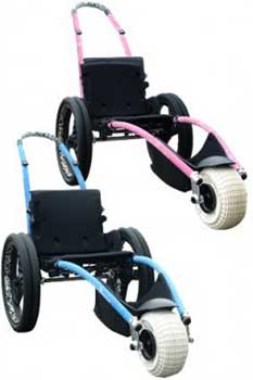 Blue and Pink variants of the Vipamat Hippocampe Beach & All-Terrain Wheelchair