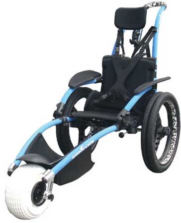 Side view of the three-wheeled Vipamat Hippocampe All Terrain Wheelchair