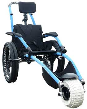 Side view of the Vipamat Hippocampe Beach Wheelchair with mountain bike style wheels