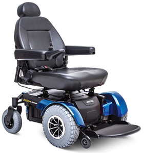 Side view of the blue variant of the Jazzy 1450 Power Wheelchair