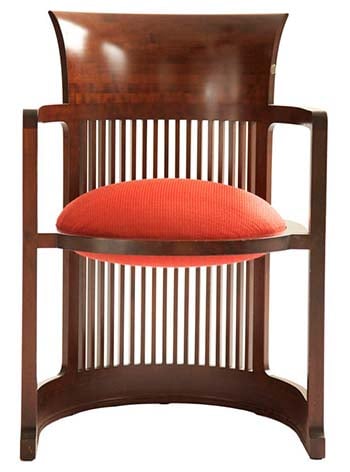 The Barrel Chair with Orange Leather Seat by Frank Lloyd Wright