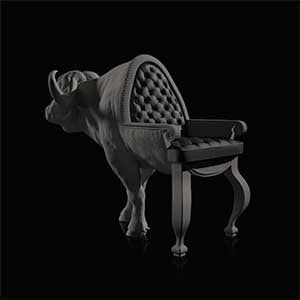 Buffalo Chair, a chair featuring a sculpture of a buffalo's head and front legs for the backrest and back legs