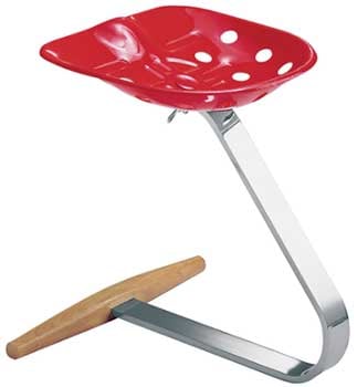 The Castiglioni Mezzadro Stool, features a metal chair base and a red seat