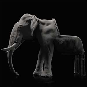 Elephant Chair, a chair featuring an elephant head and legs sculpture as a backrest and chair legs