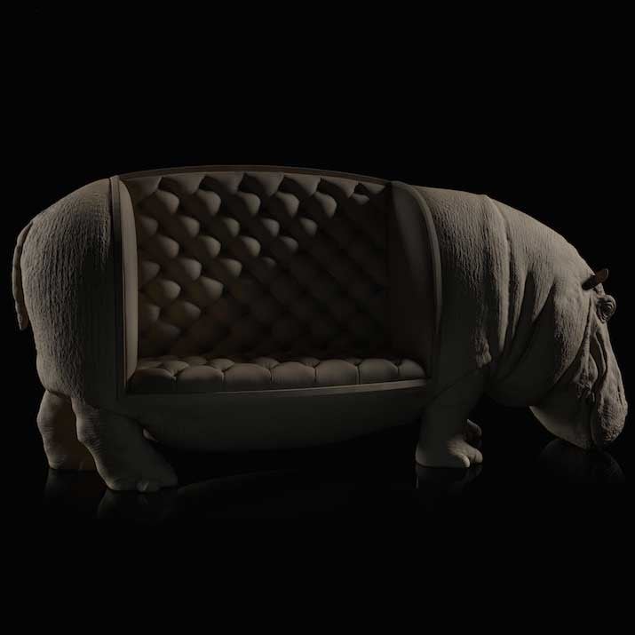 Hippo Chair, a chair featuring a hippo sculpture with the seat cushion placed sectioned on the side of its body