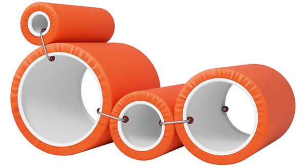 Joe Colombo Tube Chair, a lounger constructed of four different sized tubes covered in orange cushion