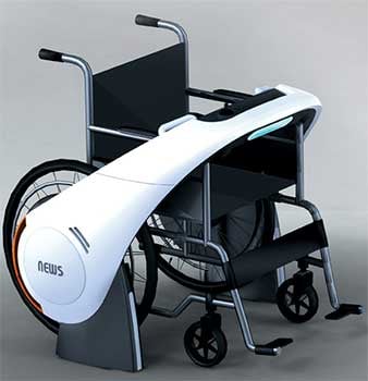 An image of a regular wheelchair with the NEWS technology attached on the wheels