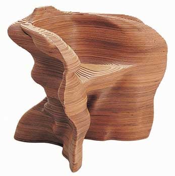 The Slice Chair, made of layers of thin plywood that are shaped like rock formations in Utah