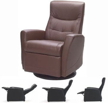 Brown Fjords Oslo Recliner with an illustration of its recline function and leg rests