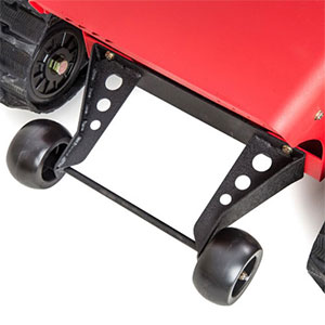 Black anti-tip wheels of the Rocket Mobility Tomahawk wheelchair
