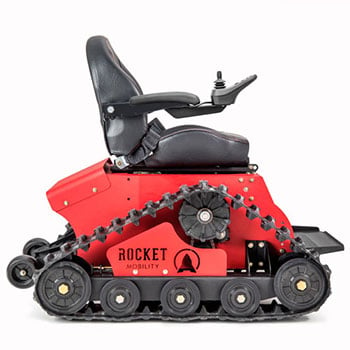 Side view of the red Rocket Mobility Tomahawk all terrain wheelchair