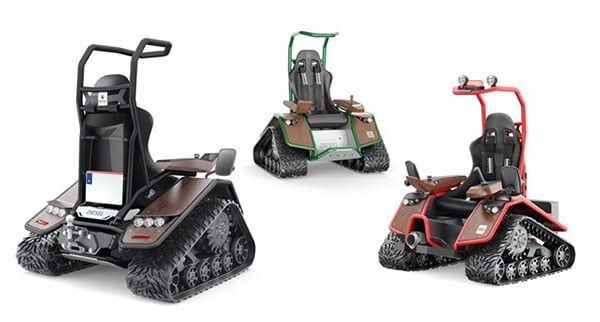Three color variants of the Ziesel Off-Road Wheelchair. From left to right: Black, Green and Red models