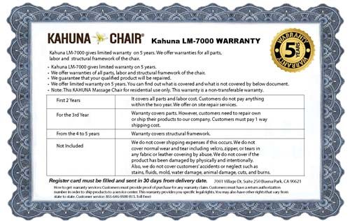 Warranty Card of the Kahuna Massage Chair LM 7000