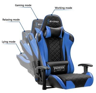 An image of Devoko Ergonomic Gaming Chair showing recline angle in black and blue color