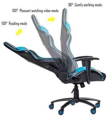 An image of Merax High Back Gaming Chair showing different recline angles in Blue.