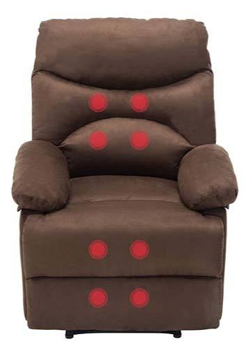 An image of a Windaze Recliner and Massager in brown, indicating 8 Stationary Massage Heads with a red dot.