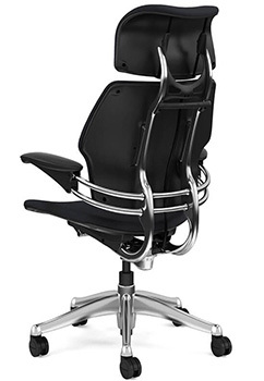 Graphite Frame/Black, Color, Freedom Chair by Humanscale: Headrest - Advanced Duron Arms - Gel Seat - Standard Carpet Casters, Back-Side Position
