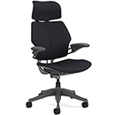 Graphite Frame/Black Color, Freedom Chair by Humanscale: Headrest - Advanced Duron Arms - Gel Seat - Standard Carpet Casters, Left-Front Position