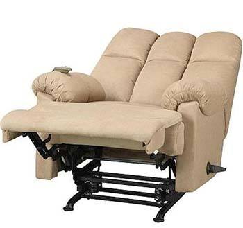 Reclined Dorel Living rocker recliner in tan upholstery position