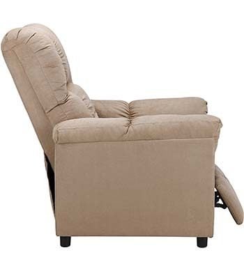 Side view of the Dorel Living Padded Massage Rocker Recliner in Tan color