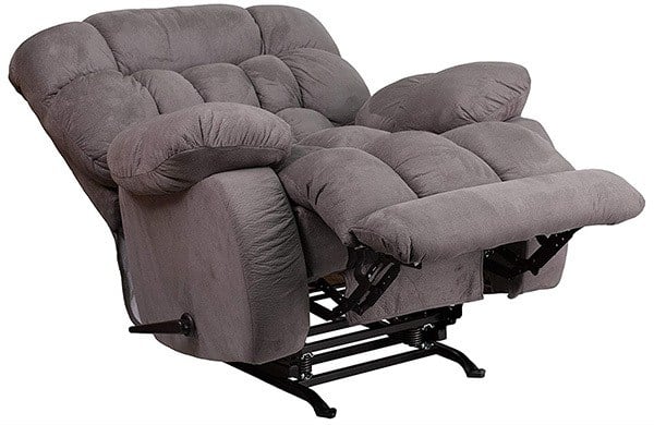 Contemporary Softsuede Graphite Microfiber Rocker Recliner in full recline position with footrest up