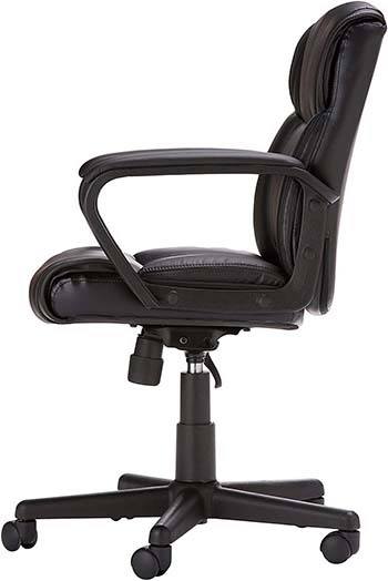 A side view image of AmazonBasics Classic Leather-Padded Mid-Back Office Chair.