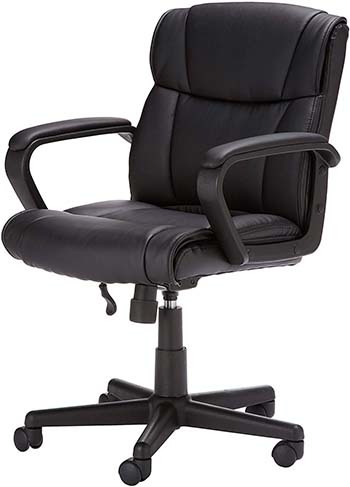 A side view image of AmazonBasics Classic Leather-Padded Mid-Back Office Chair in Black Color