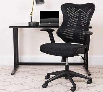 Black mesh variant of the Flash Furniture High Back Designer Mesh Chair with a desk at the back