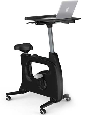 Black variant of the FlexiSpot Exercise Bike with a laptop on its tray