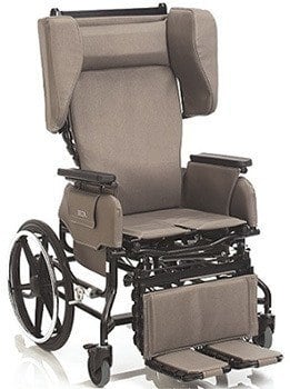 Well padded head and neck rests in brown upholstery Broda Elite Tilt Semi Recliner in an upright position