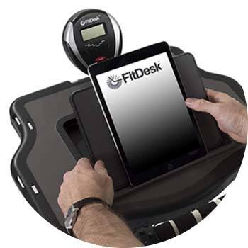 FitDesk Bike Desk's work tray with a tablet on its storage compartment 