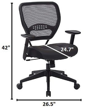 The Space Seating Professional AirGrid Chair with labels of its dimensions