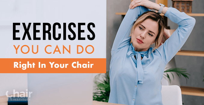 A woman exercising while sitting on a chair in an office