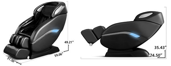 Two Ootori Nova N900 Massage Chairs with labels of their dimensions